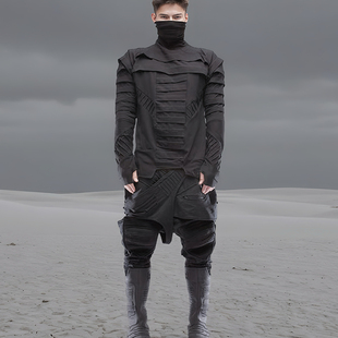 CHAUNK先锋沙丘废土褶裥层次黑色系忍者连手袖不对称纯棉T恤中性