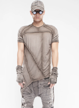 CHAUNK自主沙丘废土先锋复古不对称打底飘带扎染五分袖T恤DEMO潮