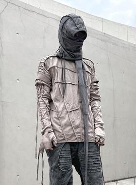 CHAUNK先锋沙丘废土DEMO不对称褶裥泥染做旧可拆袖套短袖T恤男潮