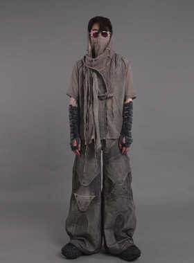 CHAUNK先锋废土风沙丘小众设计泥染做旧夏季轻薄梭织连帽T恤男女