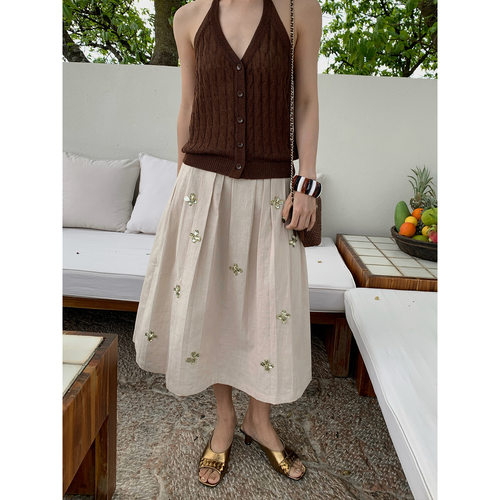 NEW 2026夏日焕新 棉麻百搭中长裙重工压褶钉钻高腰半身裙 C8666