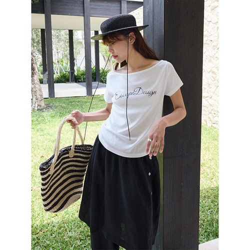 时AG 2026夏日来信 正肩一字领两穿字母做旧水印印花T恤 30975