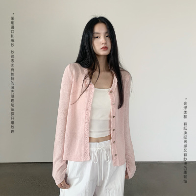 NT 和纸纱蕾丝花边针织开衫女夏季法式修身显瘦百搭通勤轻薄开衫