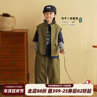 砚台家男童军绿色休闲套装2026春季新款童装儿童马甲阔腿裤两件套