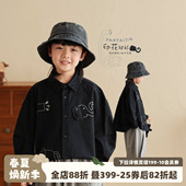 新款 砚台家童装 2026春季 衬衫 宝宝印花衬衣儿童上衣潮 男童黑色长袖