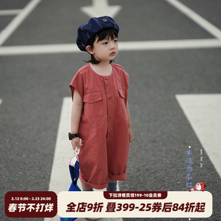 砚台家童装儿童无袖连体短裤男女童背带裤宝宝后背字母夏季西红色