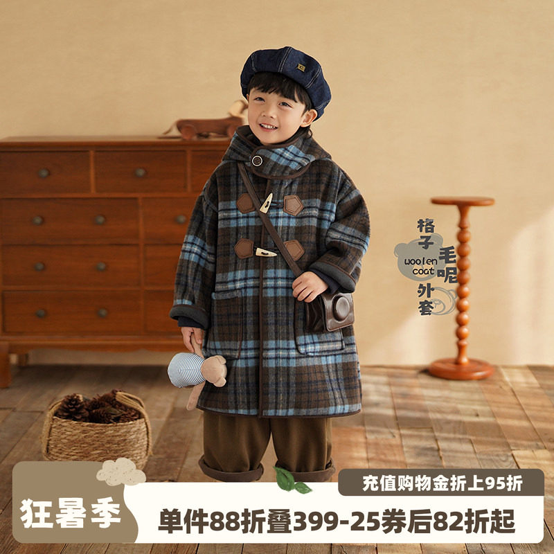 格子毛呢大衣新款男童加绒厚外套
