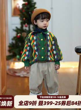 砚台家韩版儿童毛衣男女童小香风洋气针织开衫宝宝小童绿色秋冬款