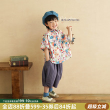 砚台家男童纯棉短袖衬衫2025夏季新款儿童森系花衬衣宝宝薄款上衣