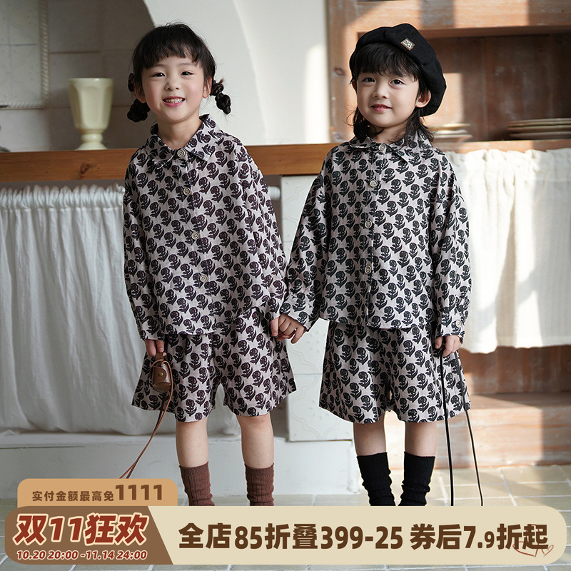 砚台家男童花衬衫套装儿童轻薄衬衣兄妹装幼童短裤两件套夏秋款潮