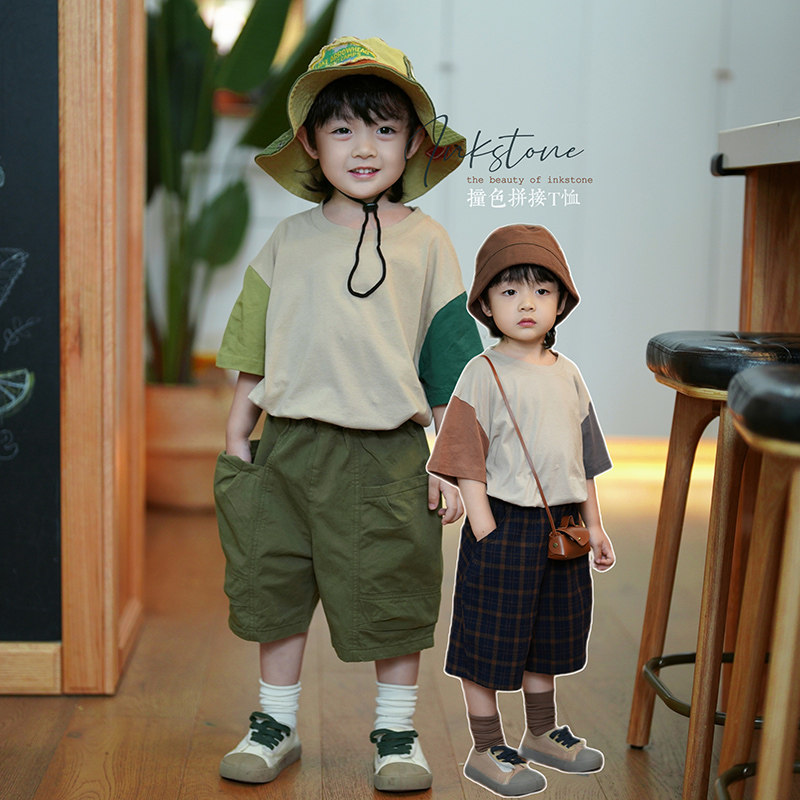 砚台家童装韩版男童拼色纯棉短袖T恤儿童圆领上衣中幼童婴儿夏季