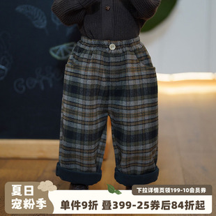 砚台家复古儿童毛呢格子休闲裤男女童一体绒裤子宝宝中小童秋冬款