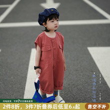 砚台家童装儿童无袖连体短裤男女童背带裤宝宝后背字母夏季西红色