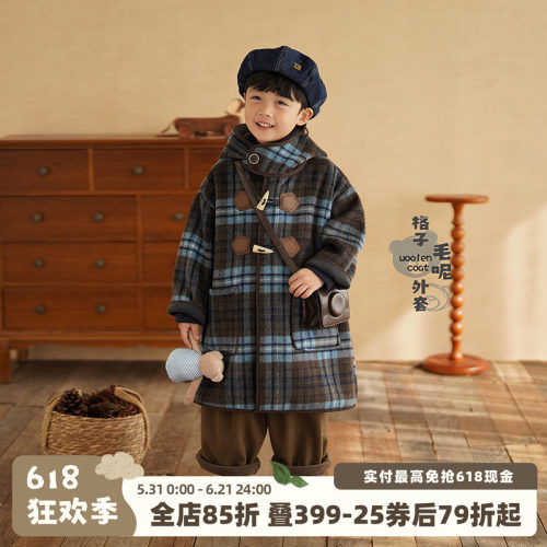 格子毛呢大衣新款男童加绒厚外套