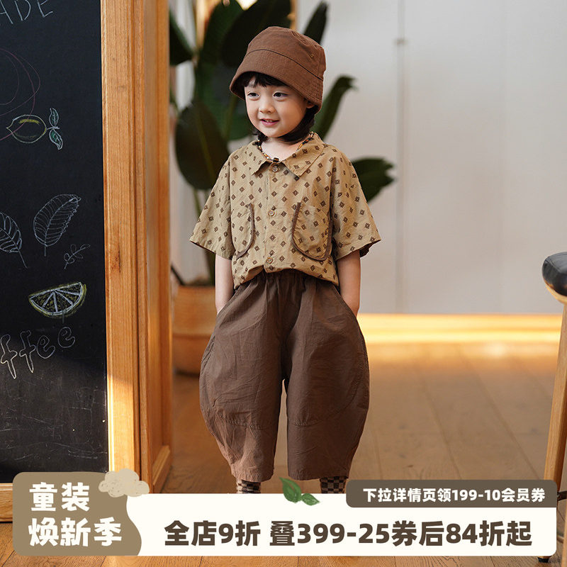 砚台家童装男童碎花开叉衬衫夏装儿童纯棉短袖花衬衣幼童半袖上衣