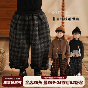 砚台家儿童格子灯笼裤2025冬季新款男童长裤子宝宝加绒加厚直筒裤