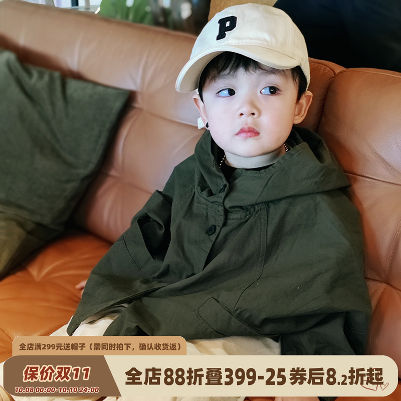 砚台家韩版儿童连帽风衣男童外套春秋薄款宽松女童宝宝上衣潮绿色