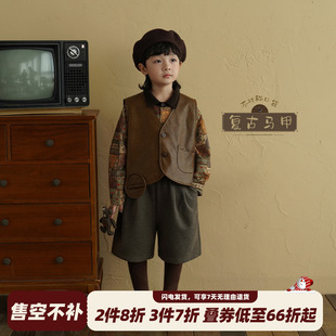 洋气潮儿童无袖 新款 背心外穿 男童复古皮衣马甲2025秋装 砚台家童装