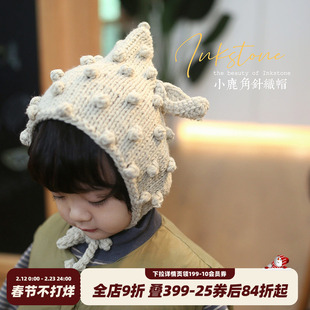 砚台家韩版ins风宝宝毛线帽子秋冬手工球球男女童儿童针织护耳帽
