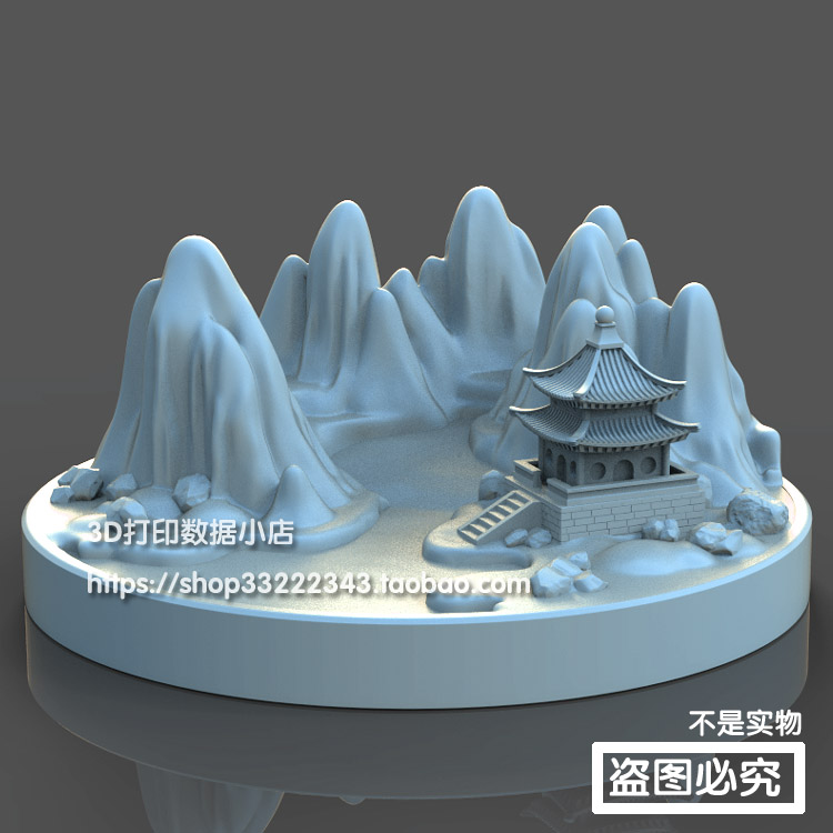 3D打印模型图纸素材文件STL古建筑山水微缩场景圆雕图F5257
