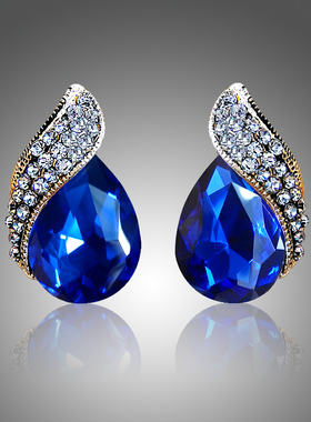 日韩流行新款宝蓝色水滴宝石镶钻耳钉红宝石小资大耳环无耳洞耳夹