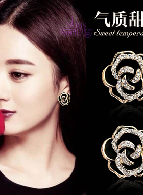 韩版气质夸张黑色玫瑰花朵无痛大耳夹防敏耳扣女耳钉山茶花钻耳夹