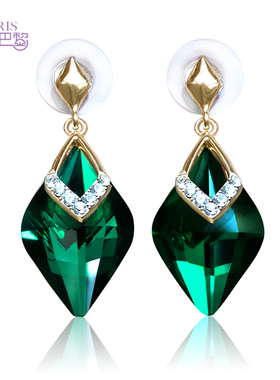新韩版长款耳环925纯银针防敏耳环绿色水晶耳钉名媛白金锆石耳环