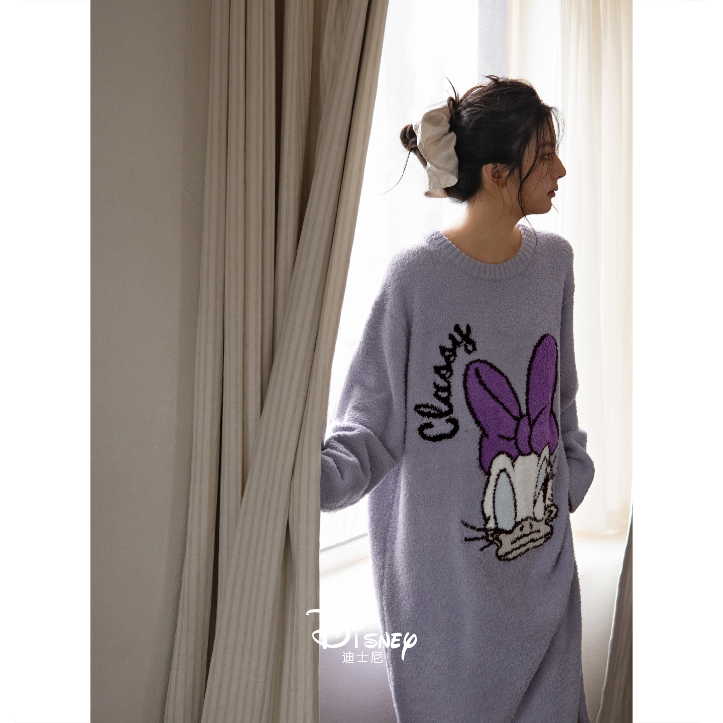 迪士尼女冬季保暖半边绒长袖睡裙