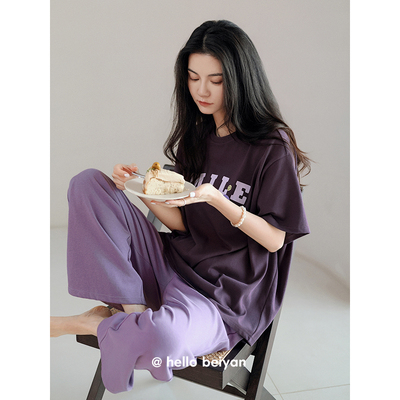 贝妍纯棉睡衣女夏短袖长裤家居服