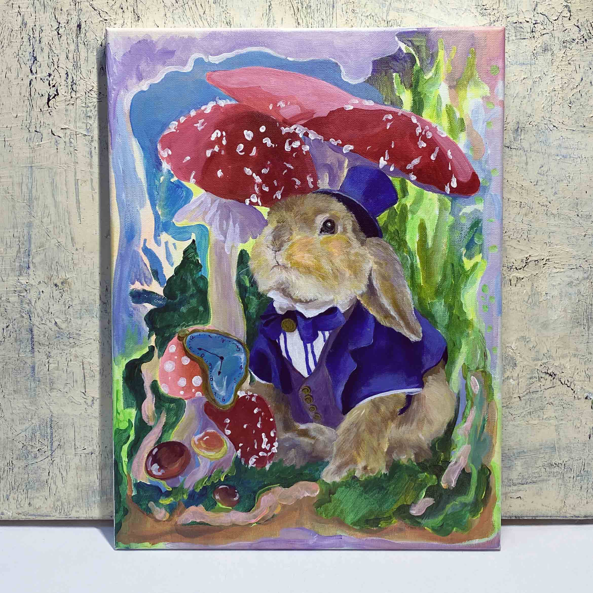 原创波普等待爱丽丝童话无框小幅装饰画兔子纯手绘卧室卡通油画