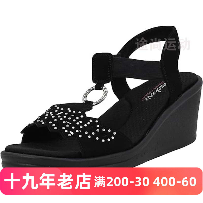 SKECHERS斯凯奇女夏季水钻气质记忆棉厚底坡跟增高超轻凉鞋6厘米