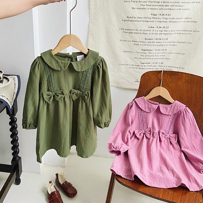 童装蕾丝花边蝴蝶结娃娃领女童连衣裙秋款甜美女宝长袖公主裙儿童