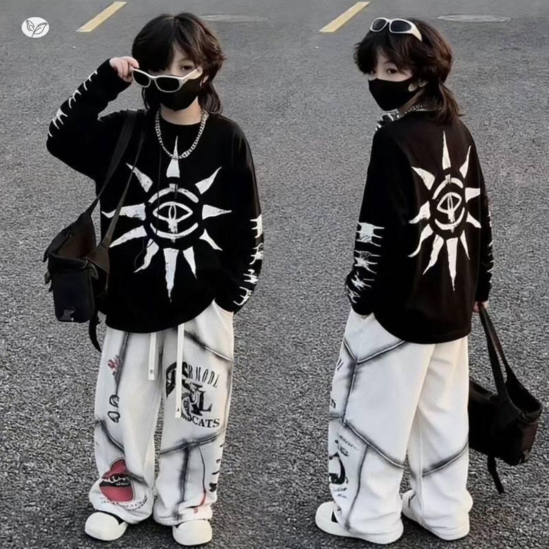 男女童爵士舞服套装2026年春季新款中大童印花卫衣涂鸦卫裤两件套