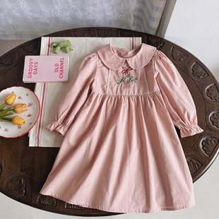娃娃领花边甜美长袖 森系田园花朵绣花女童连衣裙2025秋新款 公主裙