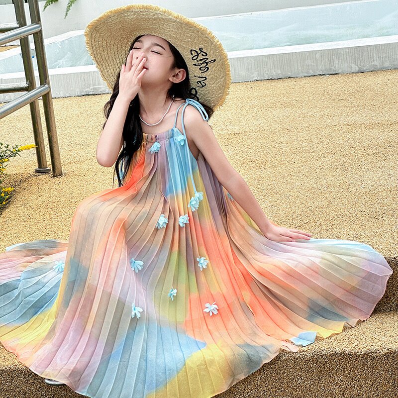 2026夏季新款韩版扎染印花彩虹花色沙滩裙女中大童吊带A字公主裙