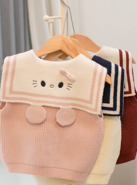 宝宝马甲2025秋冬季新款女童海军领小猫加厚开衫背心儿童毛衣马夹
