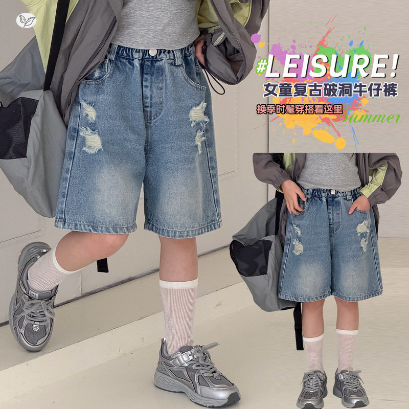 女童中大童2026年新款夏季破洞五分裤牛仔裤蓝色单裤宽松百搭可爱
