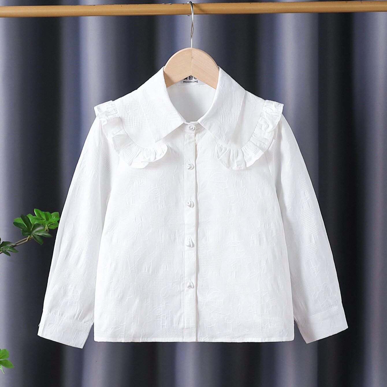 2025秋装新款女童长袖纯棉衬衫高档韩版白色时尚压花翻领开衫上衣