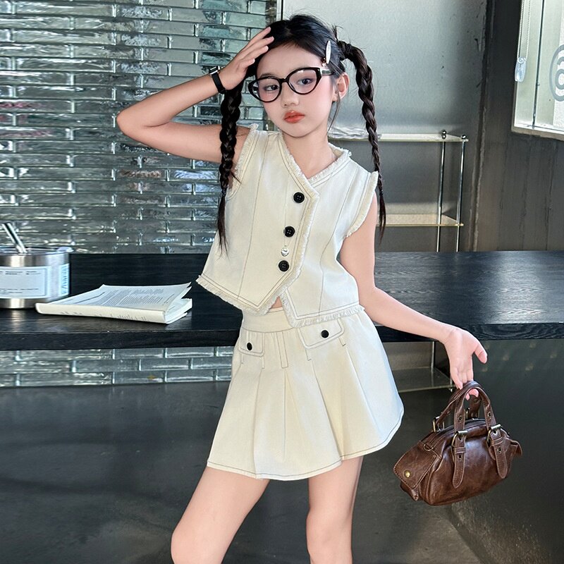 女童夏季毛边马甲套装2026新款韩版中大童薄款无袖上衣短裙百褶裙