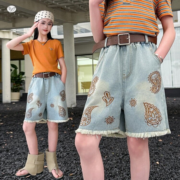 女童复古牛仔中裤2026夏新款中大童毛边绣花五分裤休闲直筒裤短裤