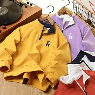 女童上衣童装男童春季字母半拉链立领T恤棉质长袖儿童薄款打底衫