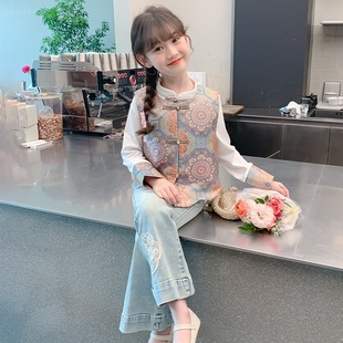 女童新中式马甲套装2025春季新款儿童洋气中国风女大童上衣两件套