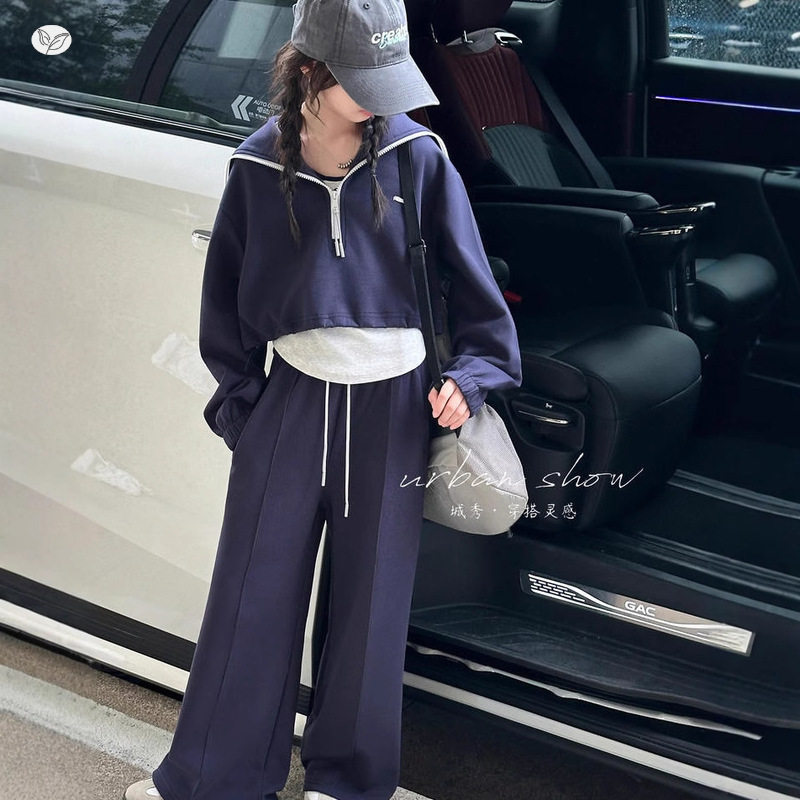 女童真两件卫衣套装2025秋季运动半拉链上衣背心卫裤阔腿裤三件套