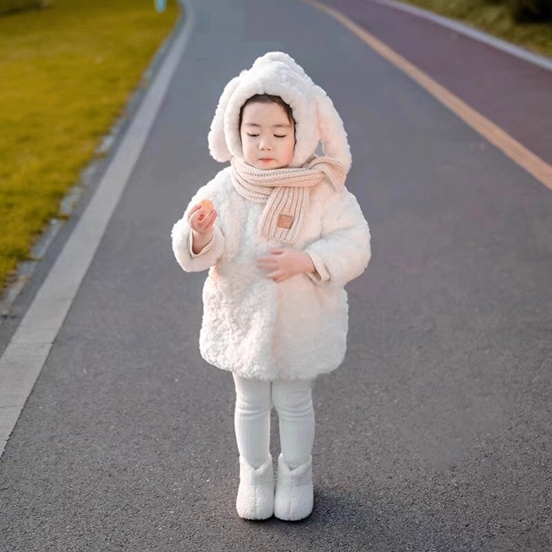 宝宝兔耳朵外套儿童皮草大衣可爱毛毛加绒中长款可爱过年服女童装