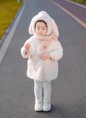 宝宝兔耳朵外套儿童皮草大衣可爱毛毛加绒中长款可爱过年服女童装