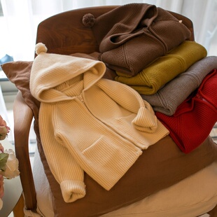 儿童毛衣秋冬季新款纯色拉链式女童加厚连帽衫男童外套针织线衣潮