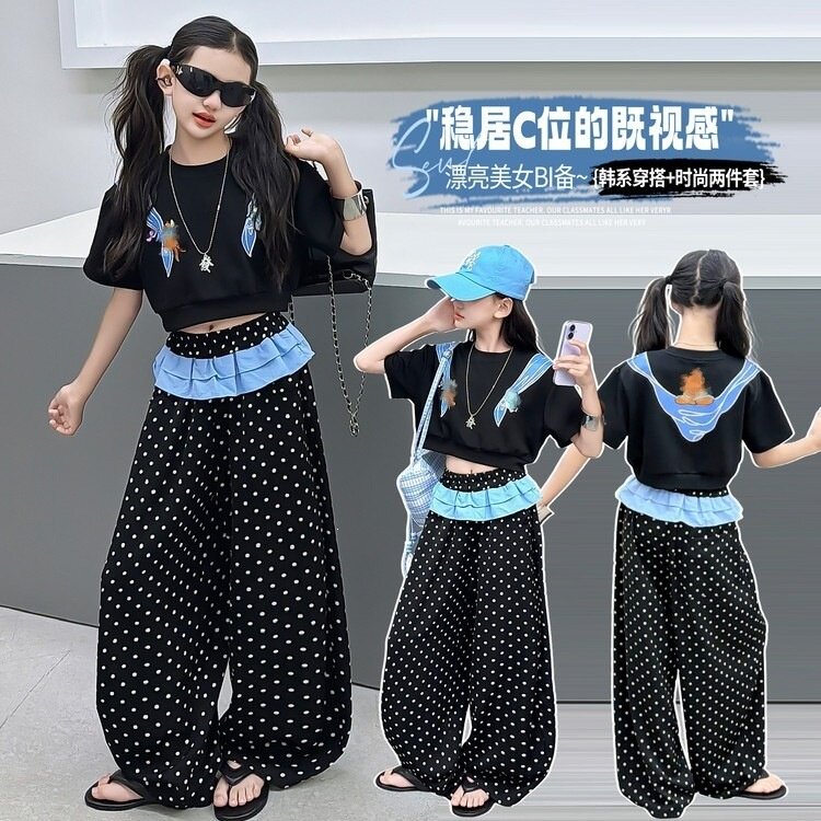 女童2026年夏季新款印花T恤波点阔腿裤套装韩版长裤宽松短款短袖