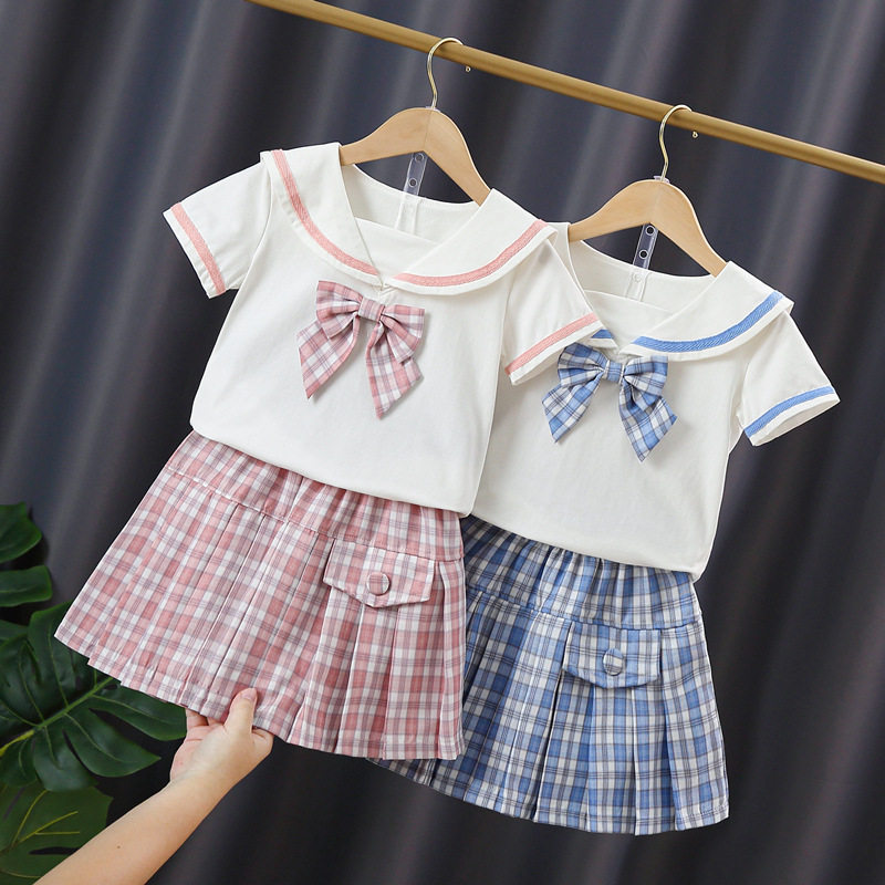 jk制服裙女童夏季公主格子裙套装儿童夏装学院风校服百褶裙两件套