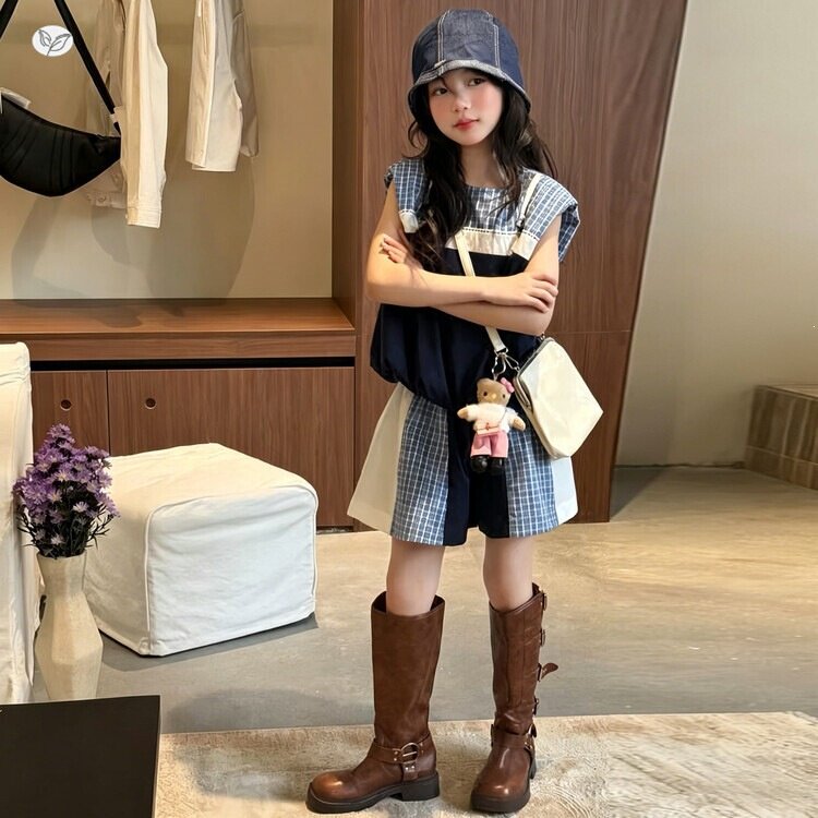 女童2026年夏季新款韩版格子无袖上衣背心套装中大童拼接A字短裙