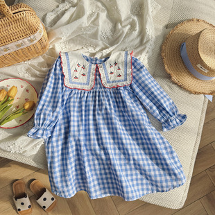 长袖 女宝宝春秋款 格子樱桃刺绣女童连衣裙泡泡袖 韩版 甜美儿童 童装